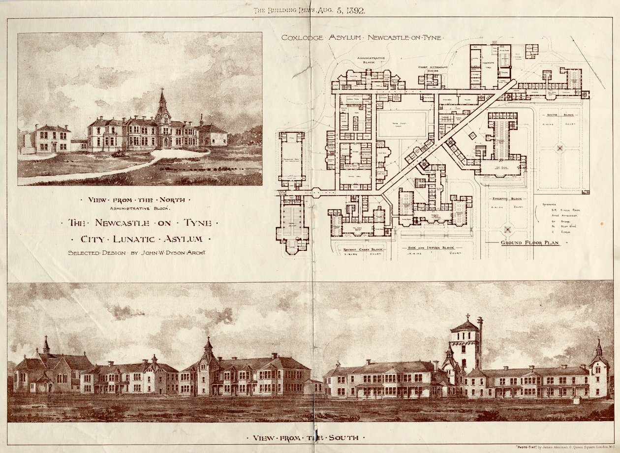 Newcastle upon Tyne Lunatic Asylum, Coxlodge, ok. 1829 (fotolitho) autorstwa John William Dyson