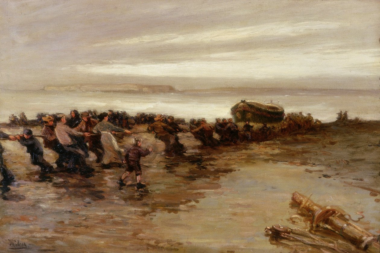 Wciąganie łodzi ratunkowej, Święta Wyspa, ok. 1910-20 autorstwa John William Gilroy