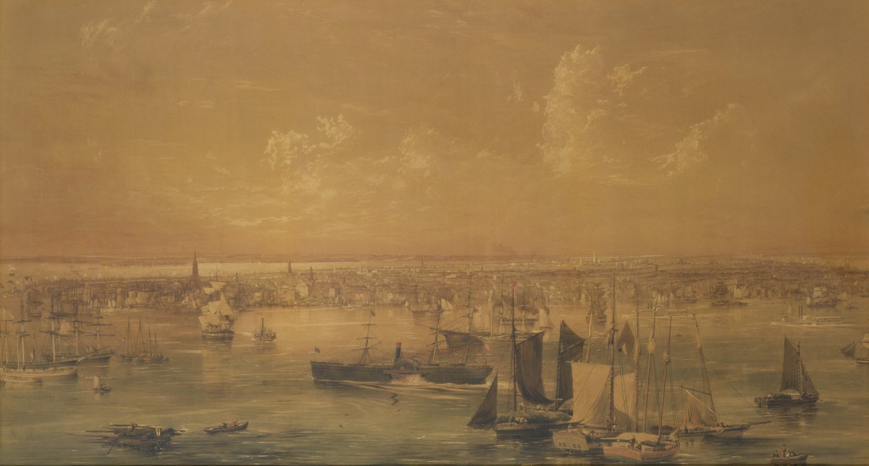 Nowy Jork znad East River, 1852 (pranie, gwasz i grafit) autorstwa John William Hill