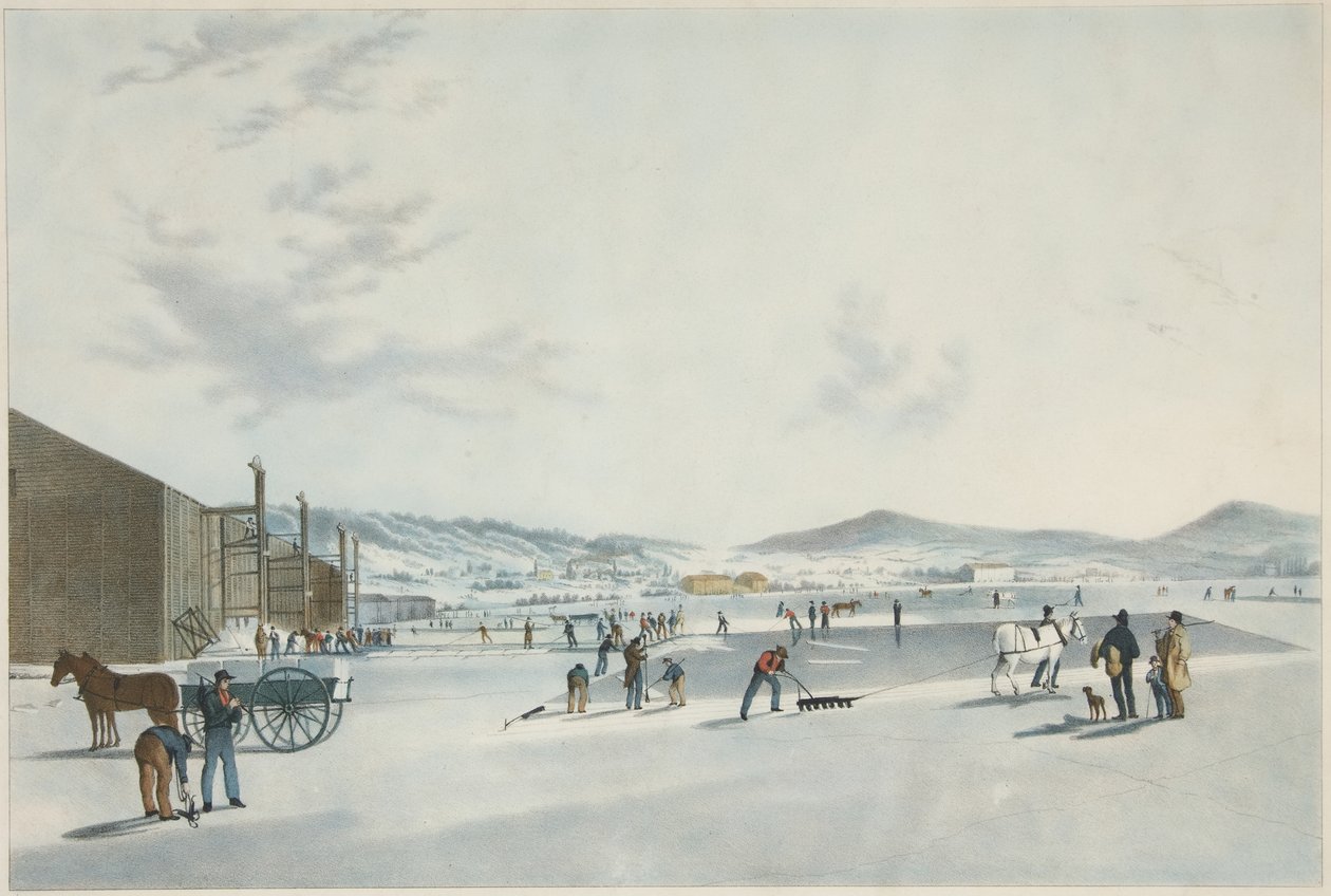 Rockland Lake - cięcie lodu. Widok z północnego wschodu, wyd. 1849 autorstwa John William Hill