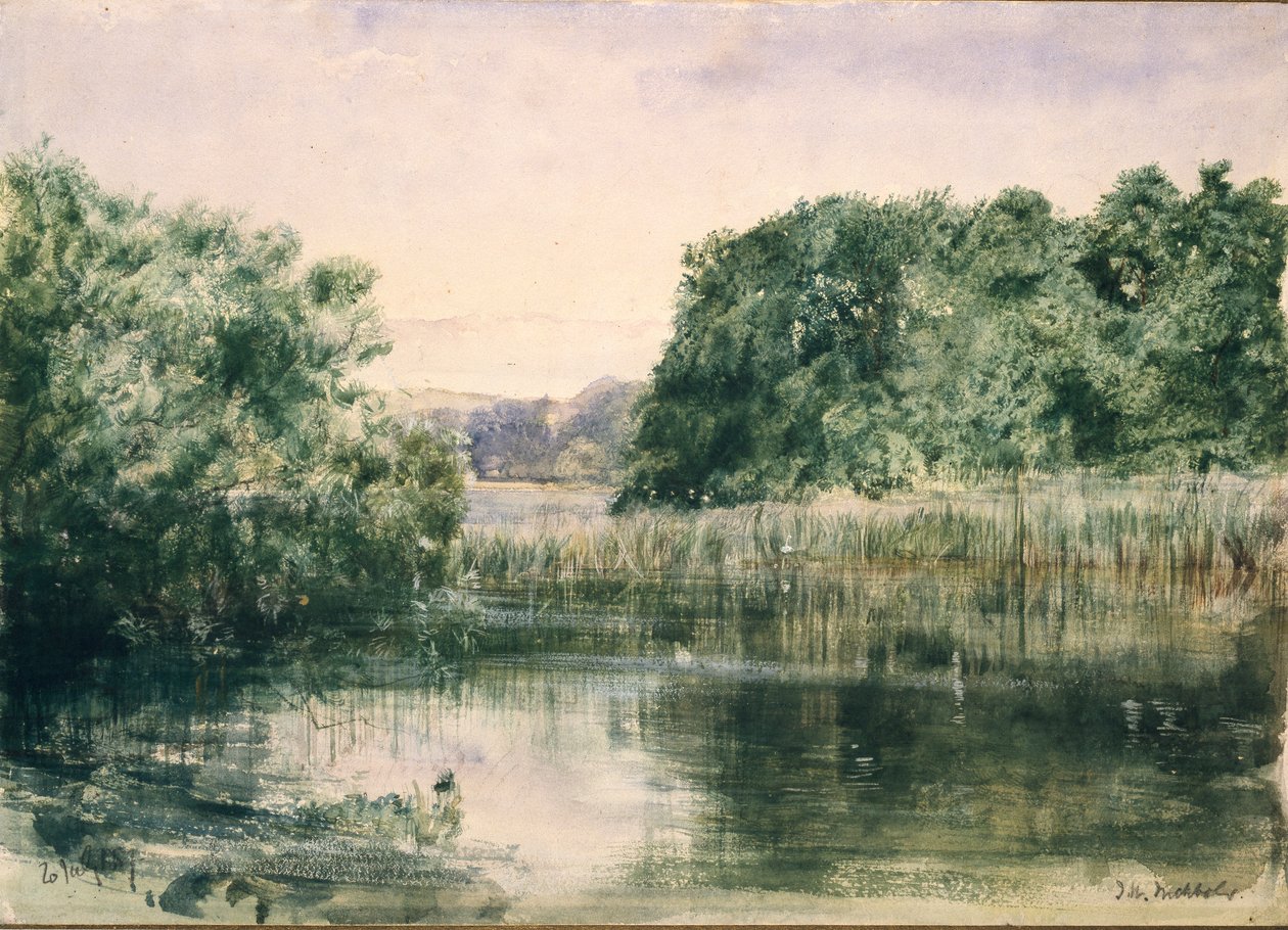 Widok na jezioro z drzewami, 1857 autorstwa John William Inchbold
