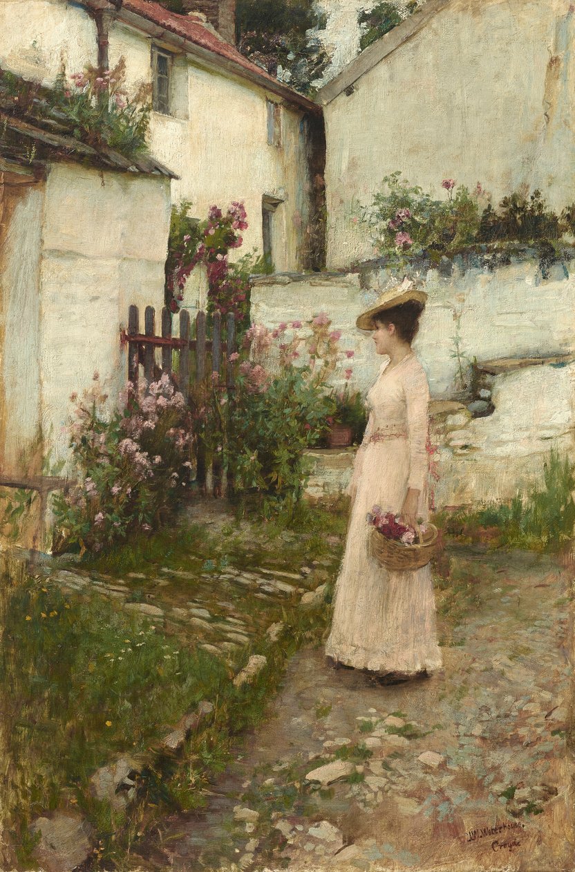 Zbieranie kwiatów w ogrodzie w Devonshire autorstwa John William Waterhouse