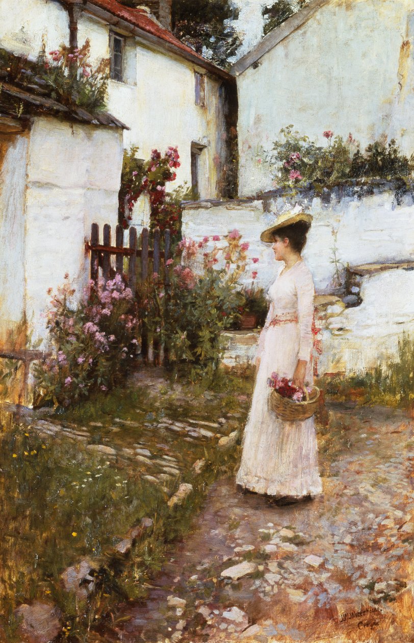 Zbieranie letnich kwiatów w ogrodzie Devonshire autorstwa John William Waterhouse
