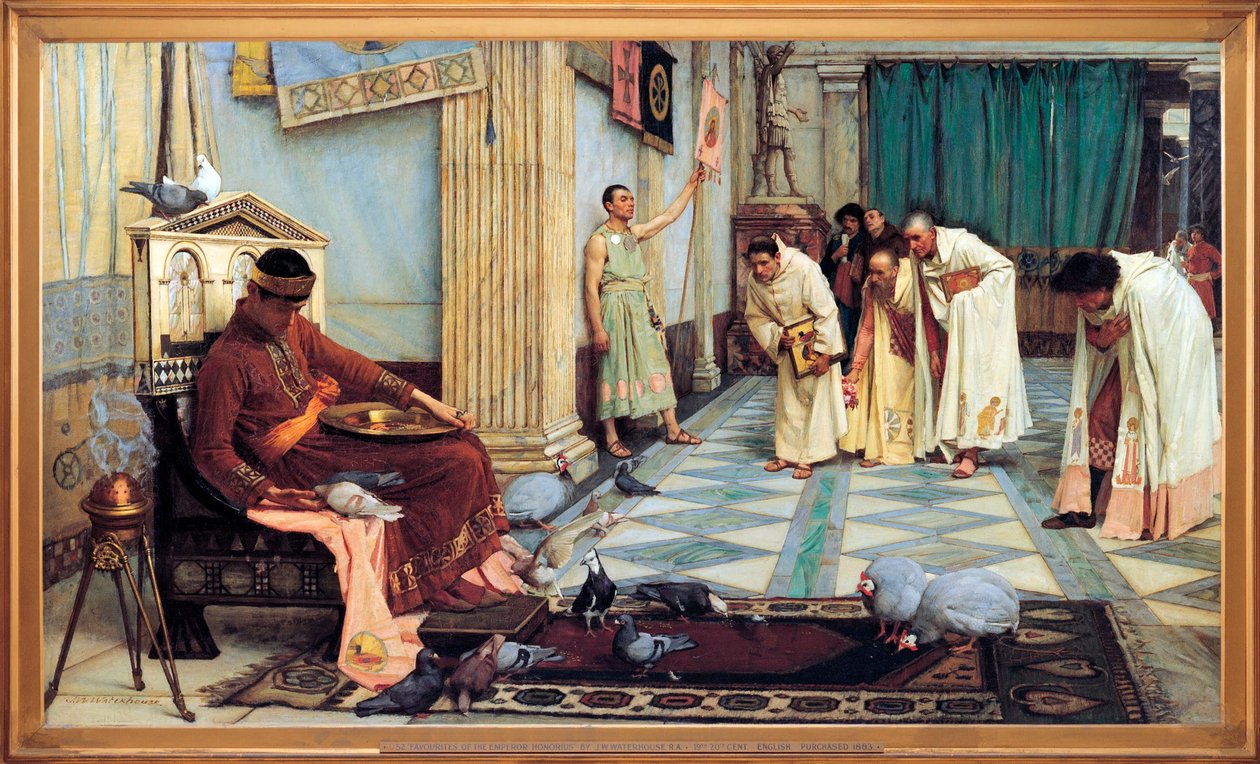„Ulubieńcy cesarza zachodniorzymskiego Honoriusza (384-423)” Wizerunek cesarza karmiącego ptaki, podczas gdy jego doradcy kłaniają się pokornie – Obraz Johna Williama Waterhouse’a (1849-1917) 1883 Galeria sztuki Australii Południowej A autorstwa John William Waterhouse