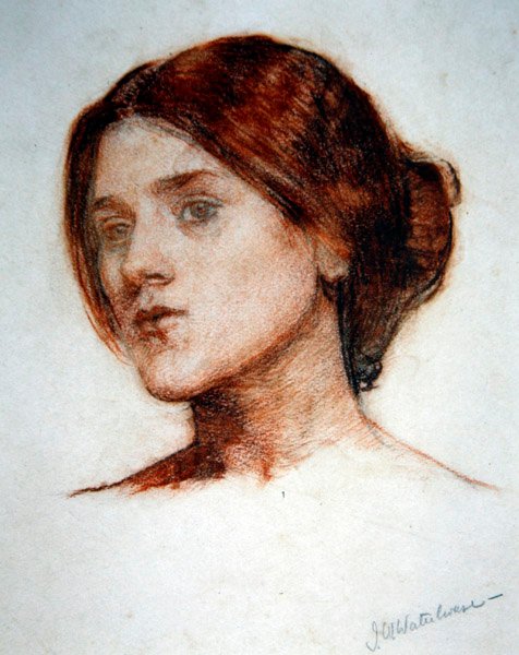 Studium głowy dziewczyny dla „Domowej altany”, ok. 1910 (czerwona kredka i ołówek na papierze) autorstwa John William Waterhouse