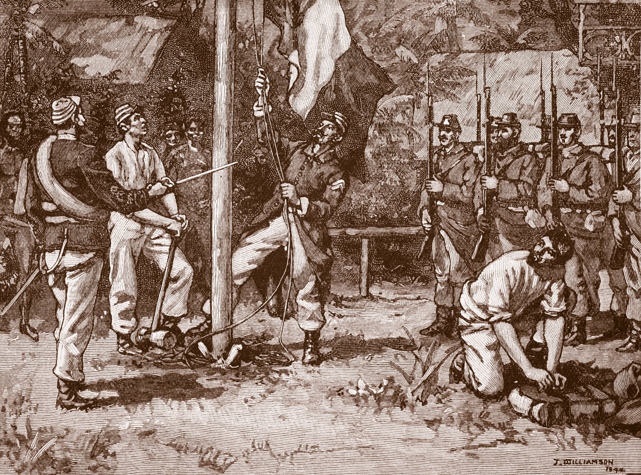 Wywieszenie flagi francuskiej na Nowych Hebrydach, 1886, ilustracja z "Cassell
