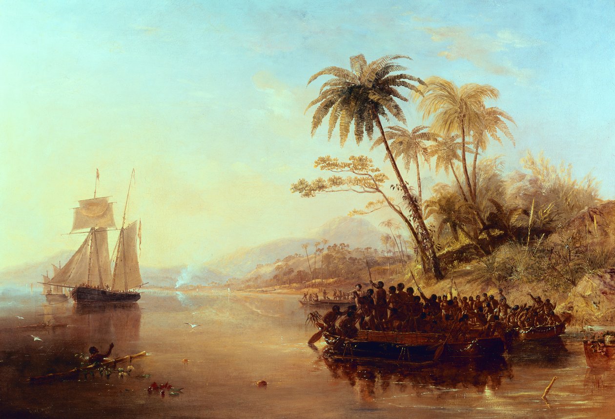 Brytyjski statek geodezyjny na południowym Pacyfiku powitany przez wyspiarzy w kajakach Outrigger, ok. 1840 r autorstwa John Wilson Carmichael