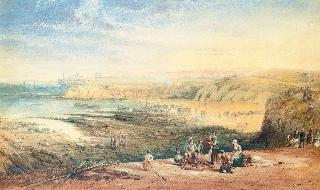 Cullercoats patrzący w stronę Tynemouth, Northumberland, z rybakami na pierwszym planie, 1836 autorstwa John Wilson Carmichael