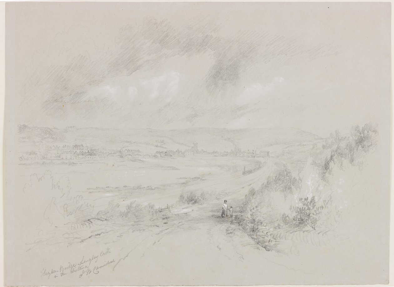 Most Haydon, zamek Langley w oddali (bc i ołówek na papierze) autorstwa John Wilson Carmichael