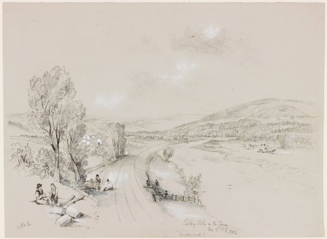 Ridley Hall, Bardon Mill, 1837 (pne i ołówek na papierze) autorstwa John Wilson Carmichael