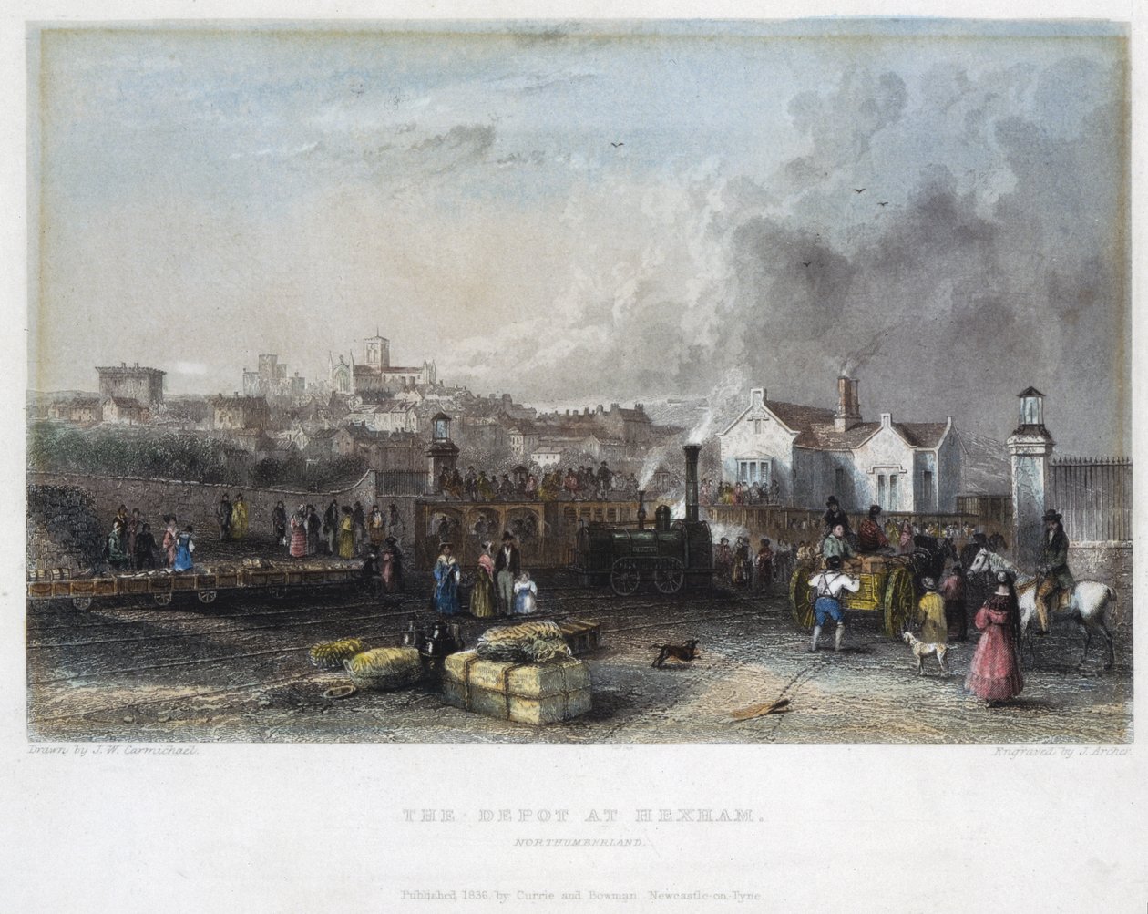 Zajezdnia w Hexham, Newcastle and Carlisle Railway, grawerowana przez J. Archera, 1836 autorstwa John Wilson Carmichael