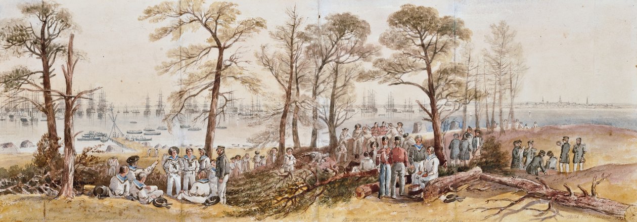 Oficerowie i marynarze floty na wybrzeżu w Nargen, 1855 autorstwa John Wilson Carmichael