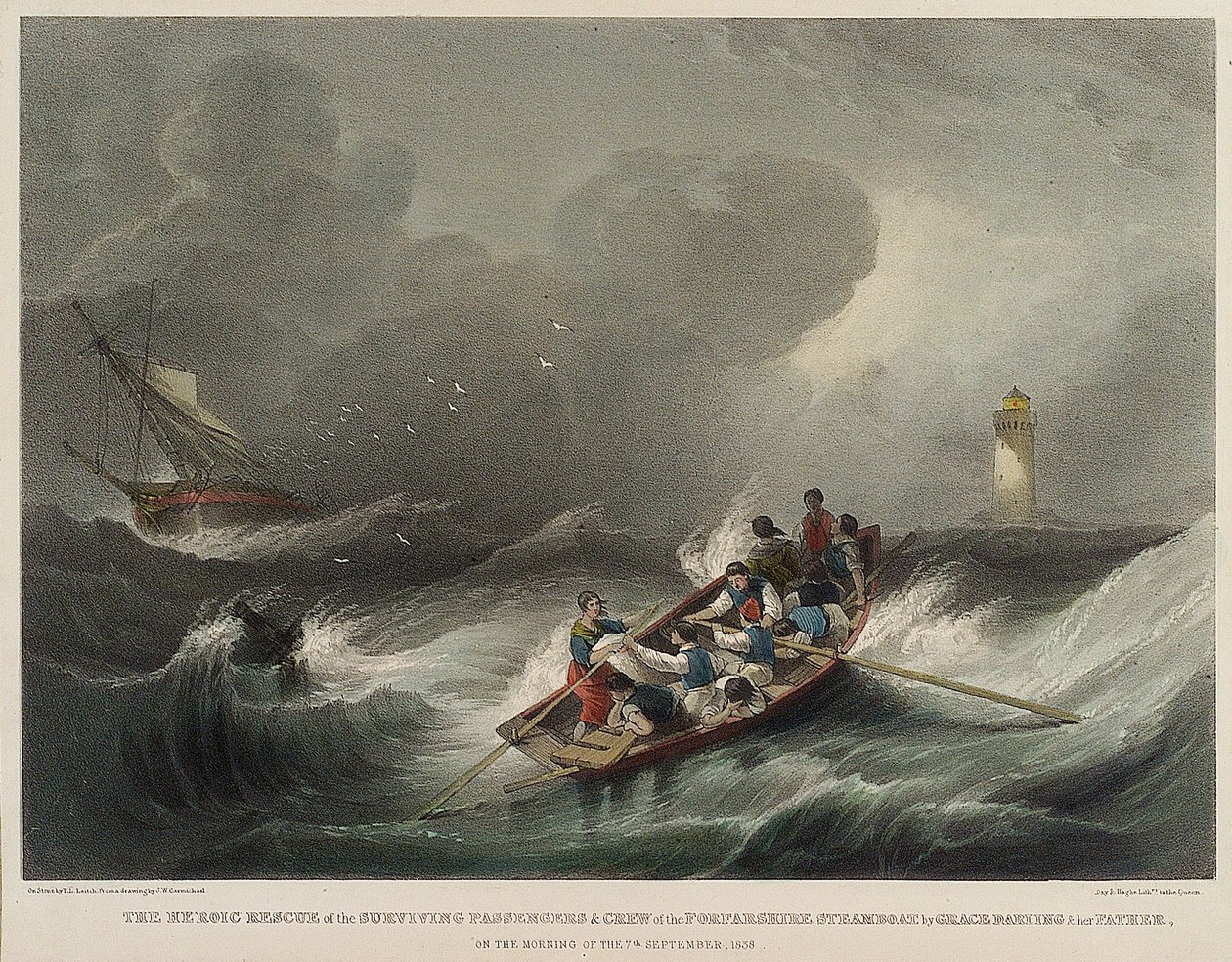 Bohaterskie uratowanie pasażerów i załogi parowca Forfarshire przez Grace Darling i jej ojca rankiem 7 września. autorstwa John Wilson Carmichael