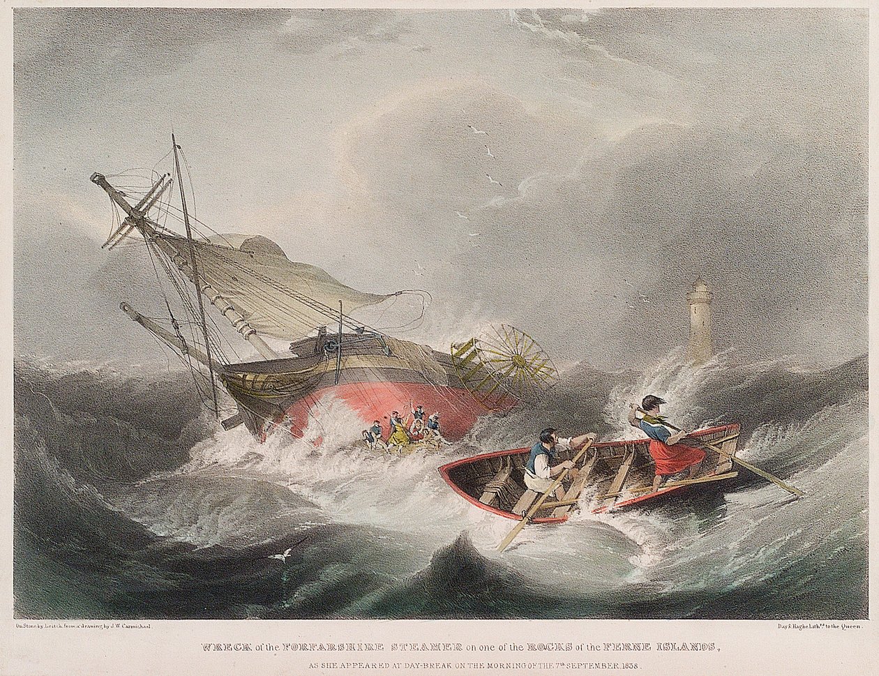 Zatonięcie parowca Forfarshire na skałach Wysp Farne (Anglia), jak wyglądało o wschodzie słońca 7 września autorstwa John Wilson Carmichael