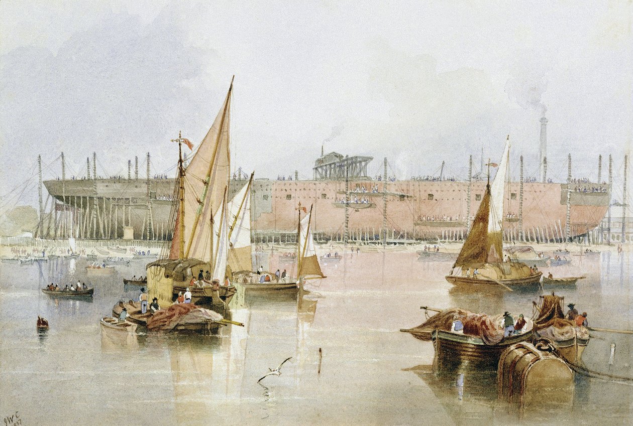 Transatlantycki liniowiec "Great Eastern" w 1857 r., przed ukończeniem budowy, w Millwall nad Tamizą (Anglia) autorstwa John Wilson Carmichael