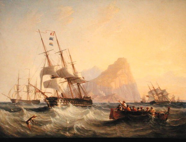 Okręty wojenne pod żaglami w Gibraltarze autorstwa John Wilson Carmichael