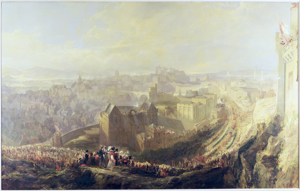Wjazd Jerzego IV do Edynburga z Carlton Hill, 1822 r autorstwa John Wilson Ewbank