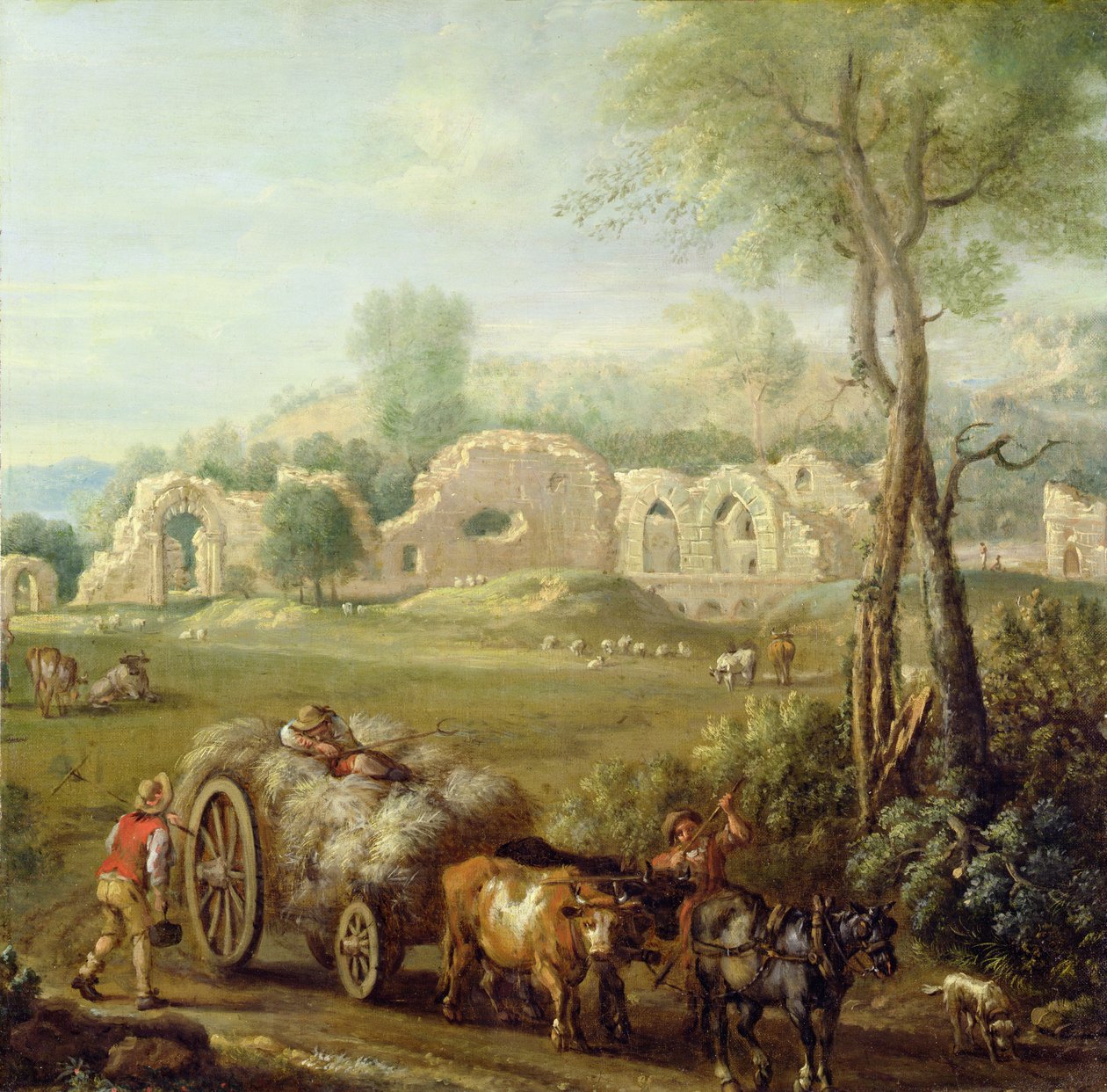Haycart przechodzący przez zrujnowane opactwo, ok. 1740-50 (olej na płótnie) autorstwa John Wootton