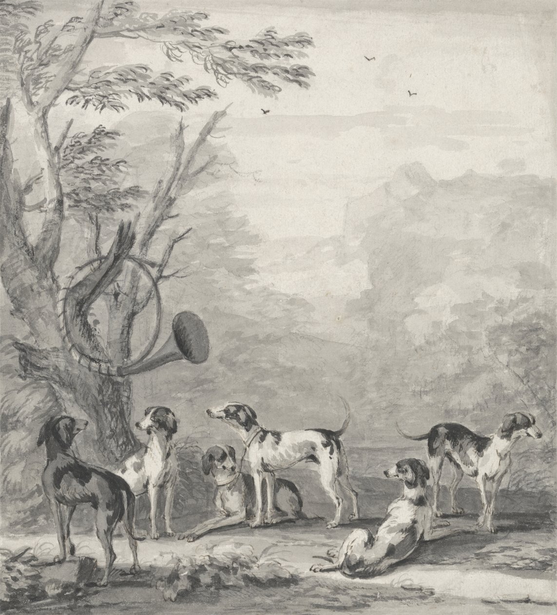 Hounds in a Landscape (grafit, długopis, brązowy tusz i szary wash) autorstwa John Wootton