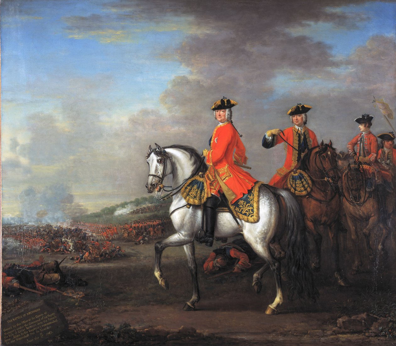 Król Jerzy II (1683-1760) w bitwie pod Dettingen, z księciem Cumberland i Robertem, 4. hrabia Holderness, 27 czerwca 1743, c.1743 autorstwa John Wootton
