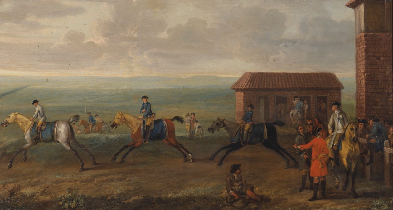 Lord Portmore obserwuje konie wyścigowe podczas ćwiczeń na Newmarket Heath autorstwa John Wootton