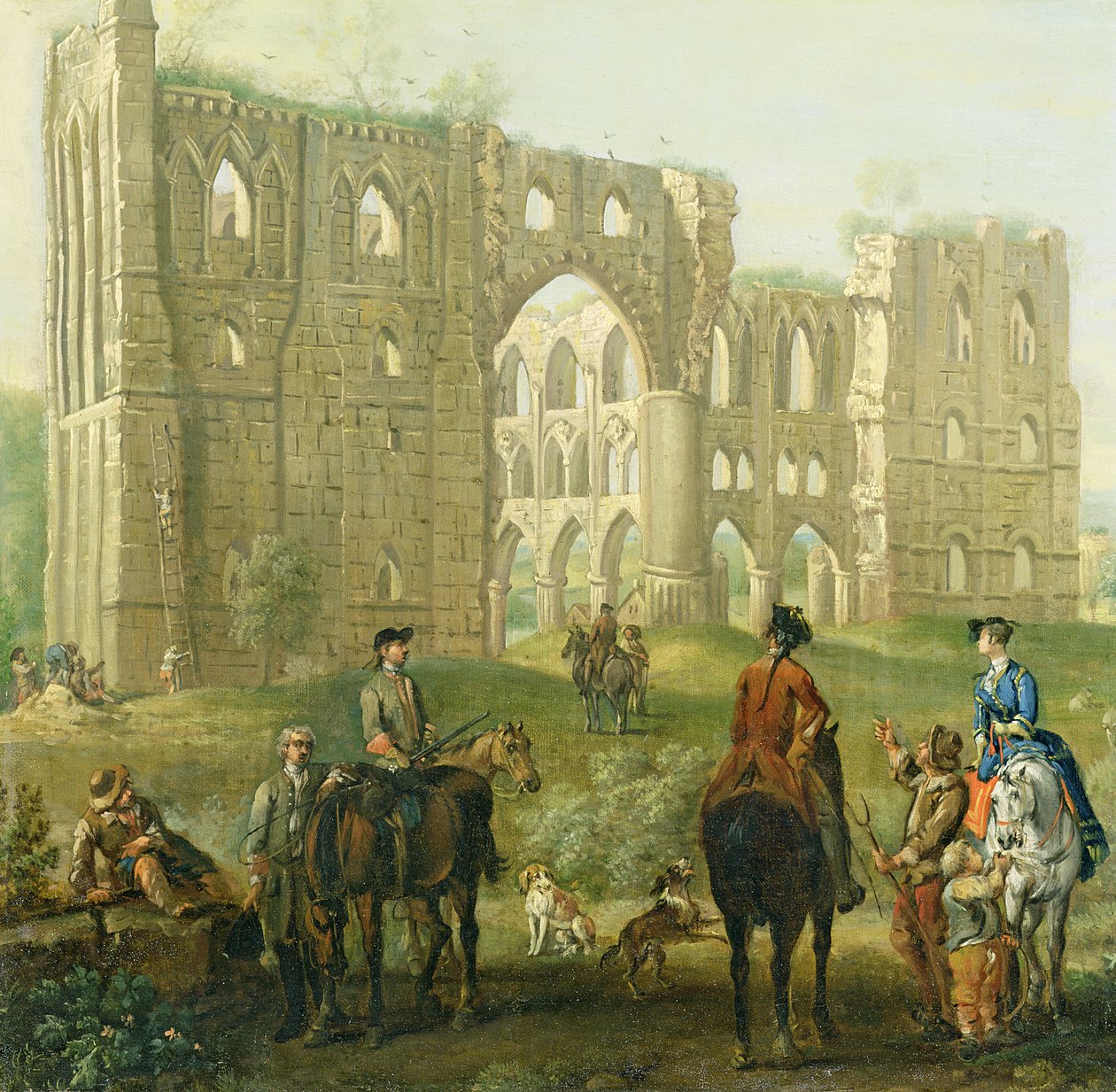 Jeźdźcy zatrzymujący się przy ruinach opactwa Rievaulx, ok. 1740-50 (olej na płótnie) autorstwa John Wootton