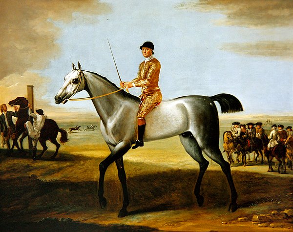 Słynny siwy koń wyścigowy księcia Rutlanda Coneyskins z dżokejem na wrzosowiskach Newmarket (olej na płótnie) autorstwa John Wootton