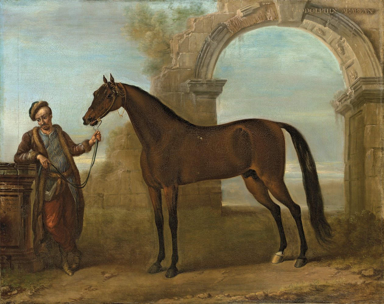 Godolphin Arabien, trzymany przez pana młodego, w krajobrazie ze zrujnowanym łukiem, 1731 autorstwa John Wootton