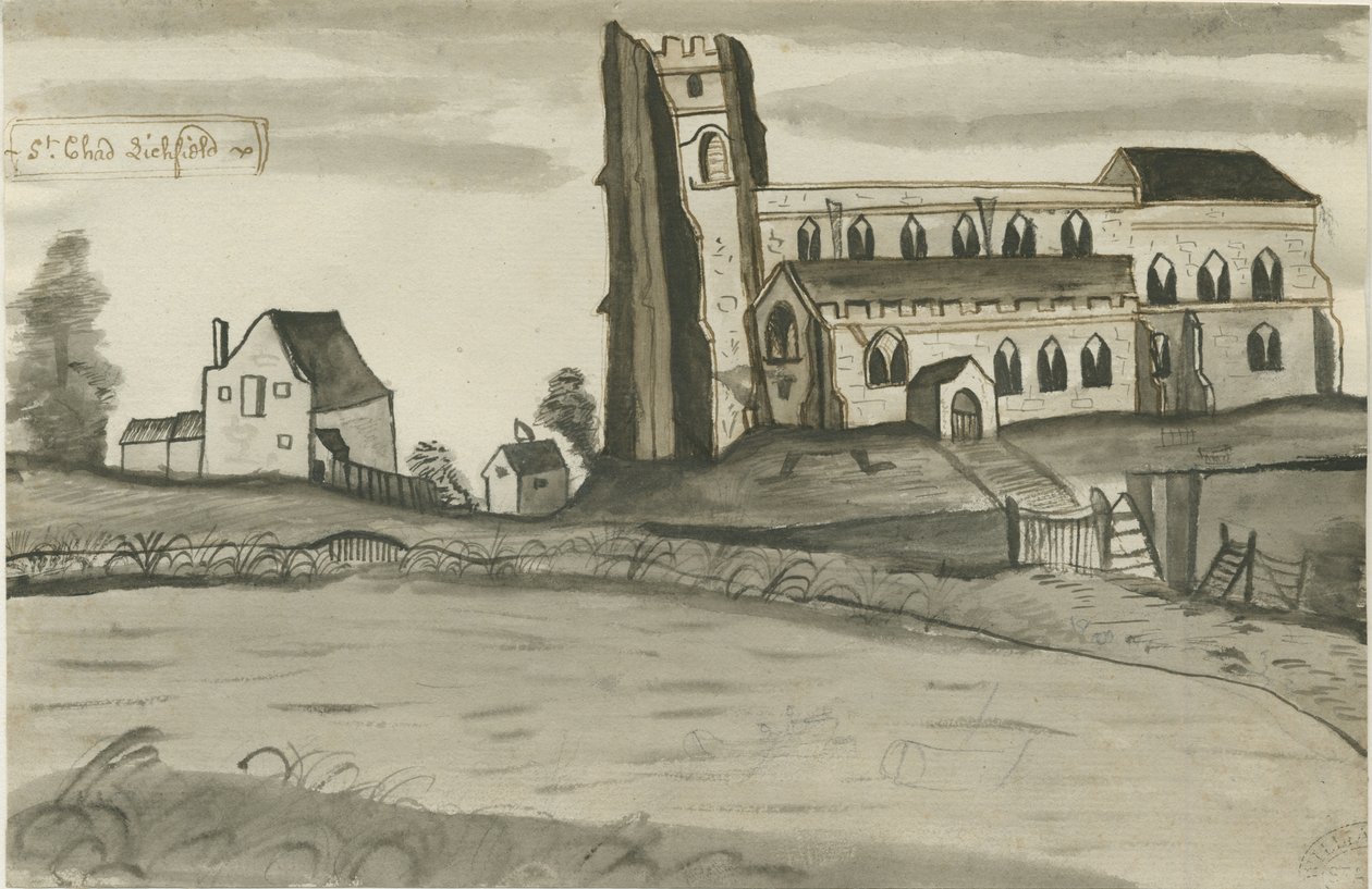 Lichfield - Kościół św. Czadu: rysunek piórem i praniem, bd [1784] (rysunek) autorstwa John Wright