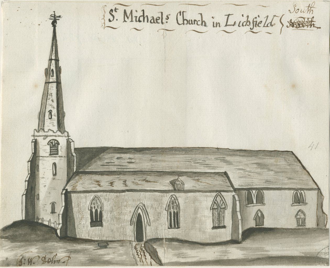 Lichfield - Kościół św. Michała: rysunek w sepii, bd [1784] (rysunek) autorstwa John Wright