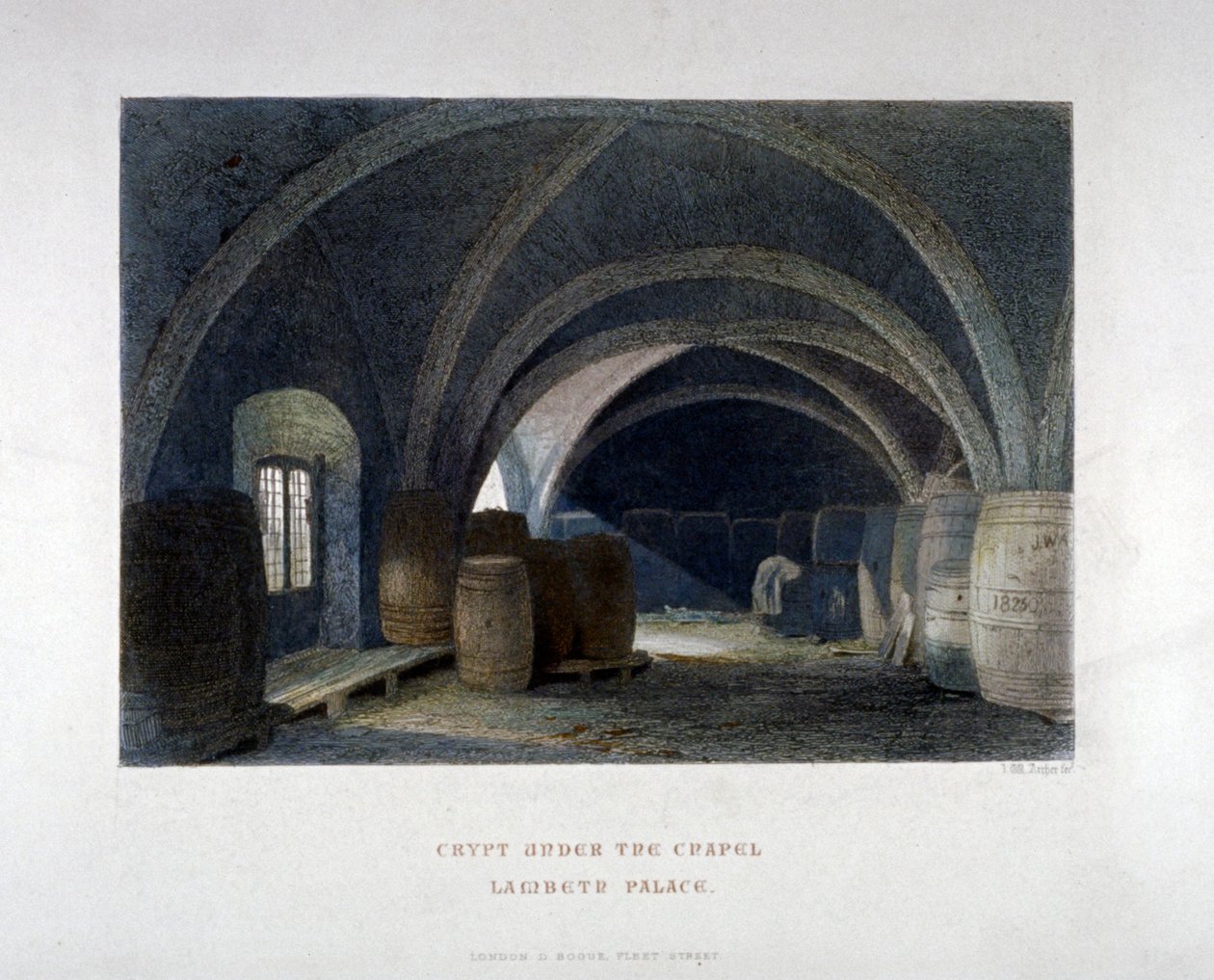 Krypta wypełniona beczkami pod kaplicą w Lambeth Palace, Londyn, 1851. autorstwa John Wykeham Archer