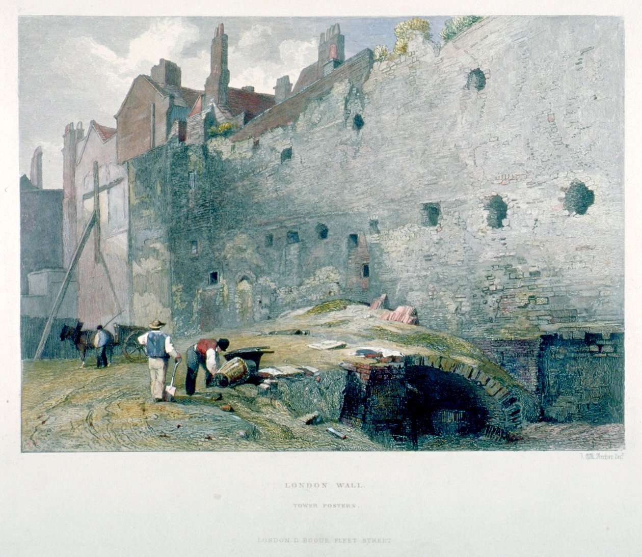 Widok na Tower Postern i londyński mur z mężczyznami kopiącymi, City of London, 1851 autorstwa John Wykeham Archer