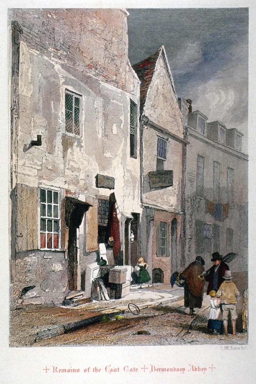 Widok na pozostałości wschodniej bramy opactwa św. Zbawiciela, Bermondsey, Londyn, 1851 autorstwa John Wykeham Archer