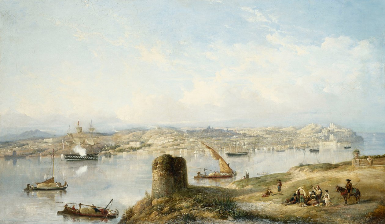 Rozległy widok na Lizbonę na rzece Tejo z Praca do Terreiro do Paco, starą katedrą i Castelo de S. Jorge autorstwa John or Giovanni Schranz