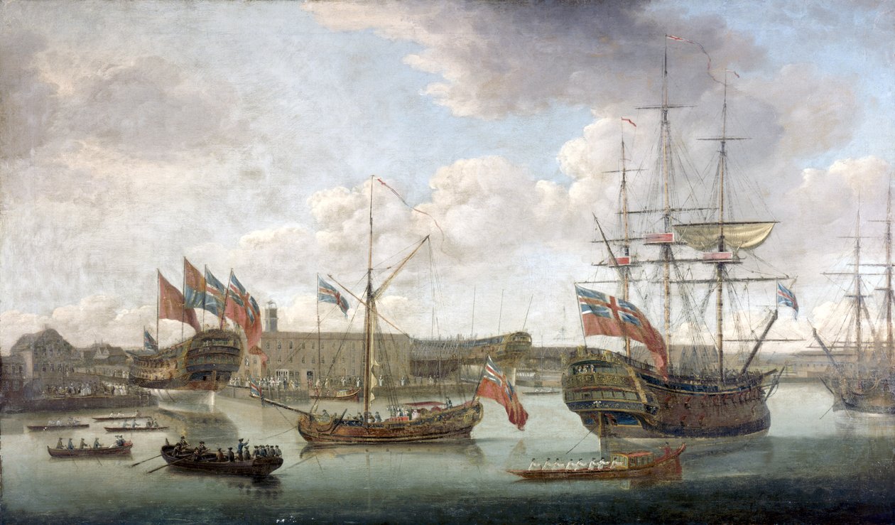 Wodowanie w Deptford Dockyard, ok. 1750 autorstwa John the Elder Cleveley