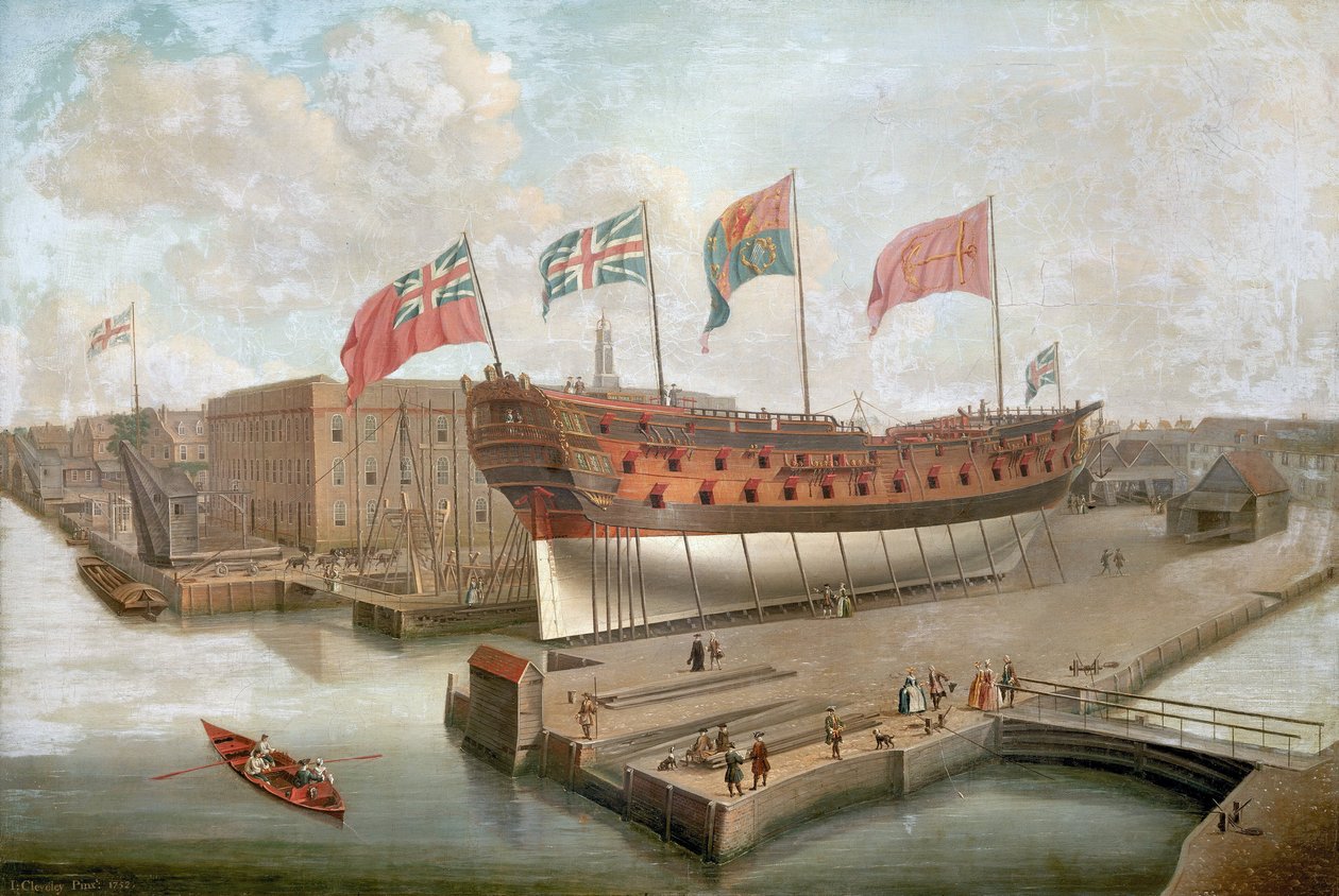 HMS "Buckingham" w dokach przed głównym magazynem Królewskiej Stoczni w Deptford (Anglia) autorstwa John the Elder Cleveley