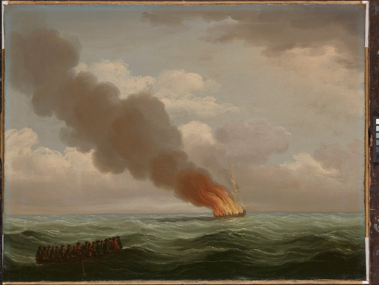 Okręt "Luxborough Galley" spłonął niemal doszczętnie, 25 czerwca 1727 r. autorstwa John the Elder Cleveley