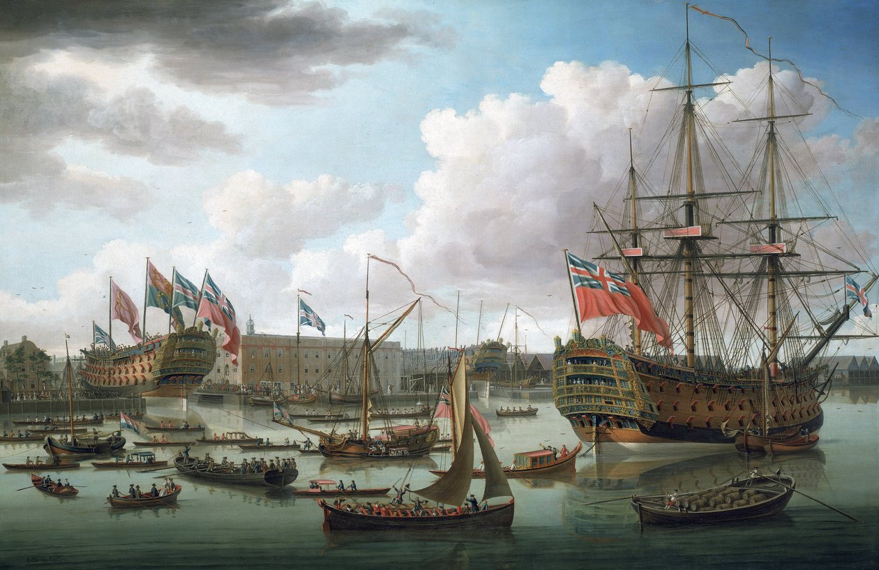 "Royal George" w Deptford (Anglia) podczas wodowania "Cambridge" w dniu 21 października. autorstwa John the Elder Cleveley