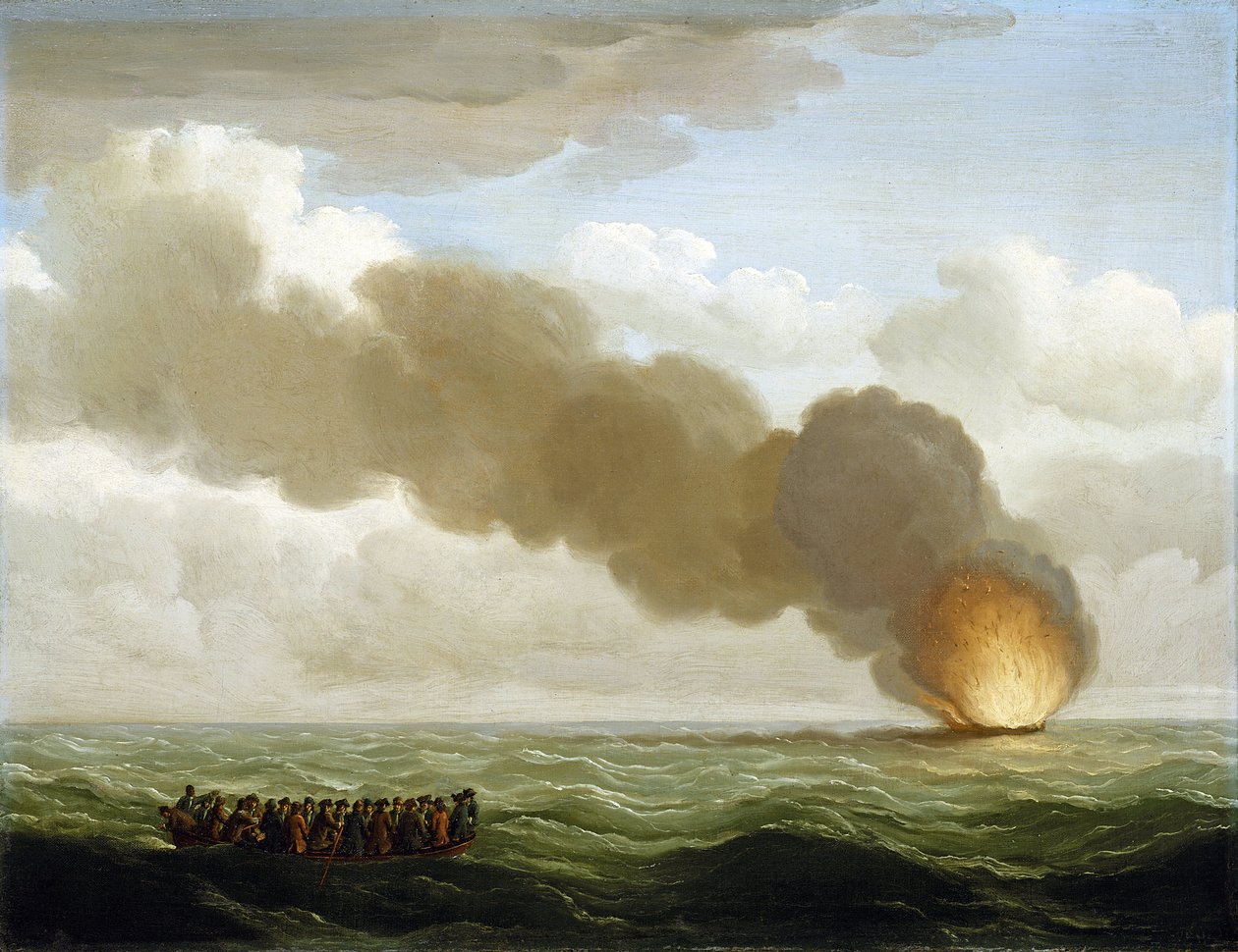 "Załoga galery "Luxborough" w szalupie ratunkowej obserwuje, jak płonący statek tonie na pełnym morzu 25 czerwca 1727 r.". autorstwa John the Elder Cleveley