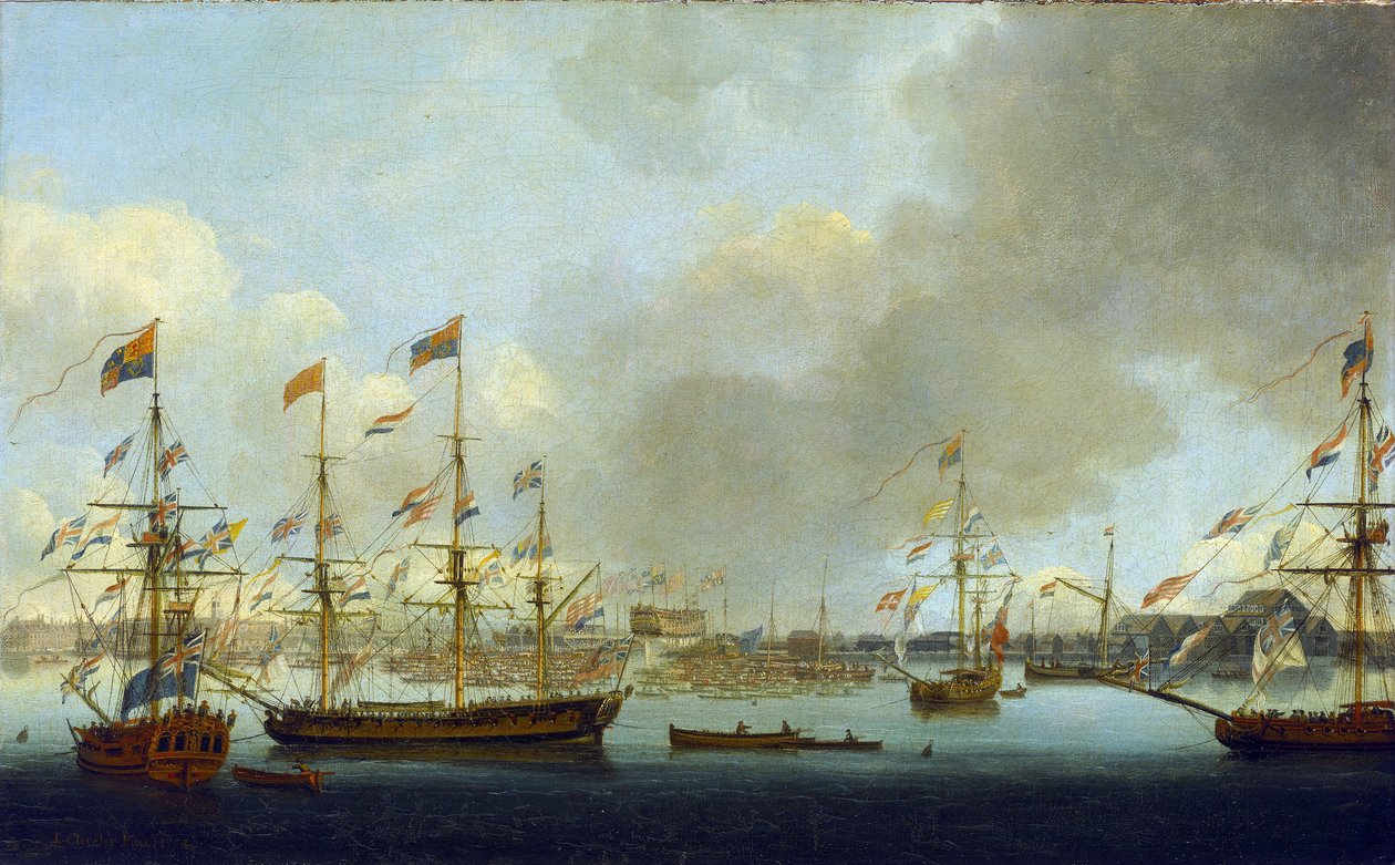 Wodowanie HMS "Alexander" w Deptford w Anglii w 1778 r., 74-działowego okrętu wojennego, który walczył podczas bitwy o Nil (lub bitwy pod Abukirem w 1798 r.). autorstwa John the Elder Cleveley