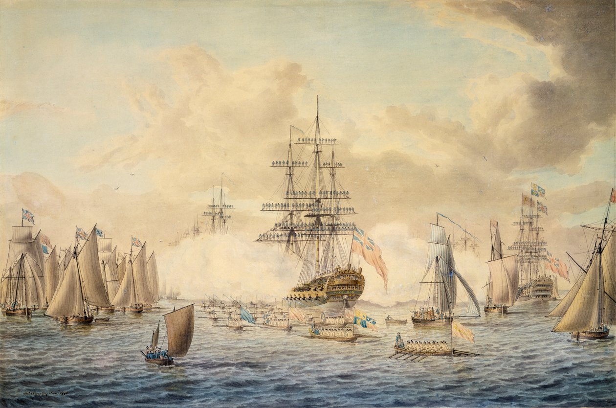Jerzy III dokonujący przeglądu floty w Spithead, 22 czerwca 1773 r., przedstawiający HMS "Royal Oak autorstwa John the Younger Cleveley