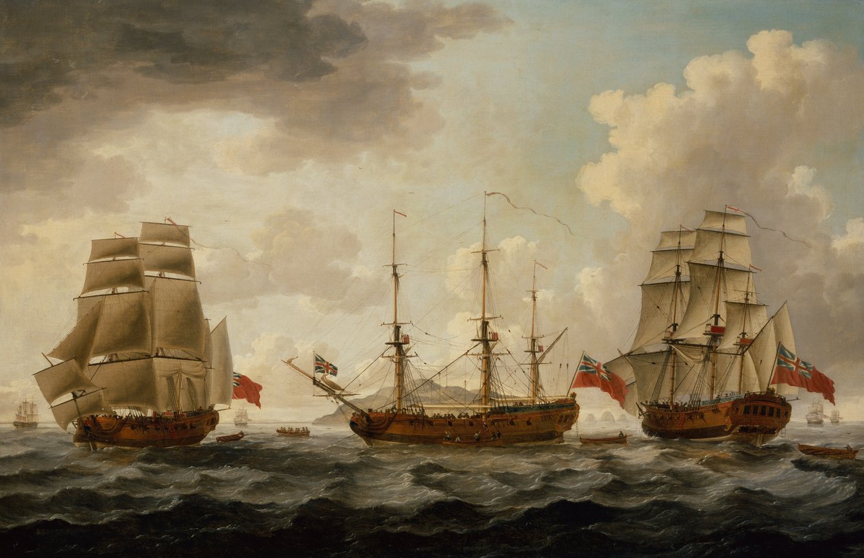 H.M.S. Tyrall w trzech pozycjach poza Antigua autorstwa John the Younger Cleveley