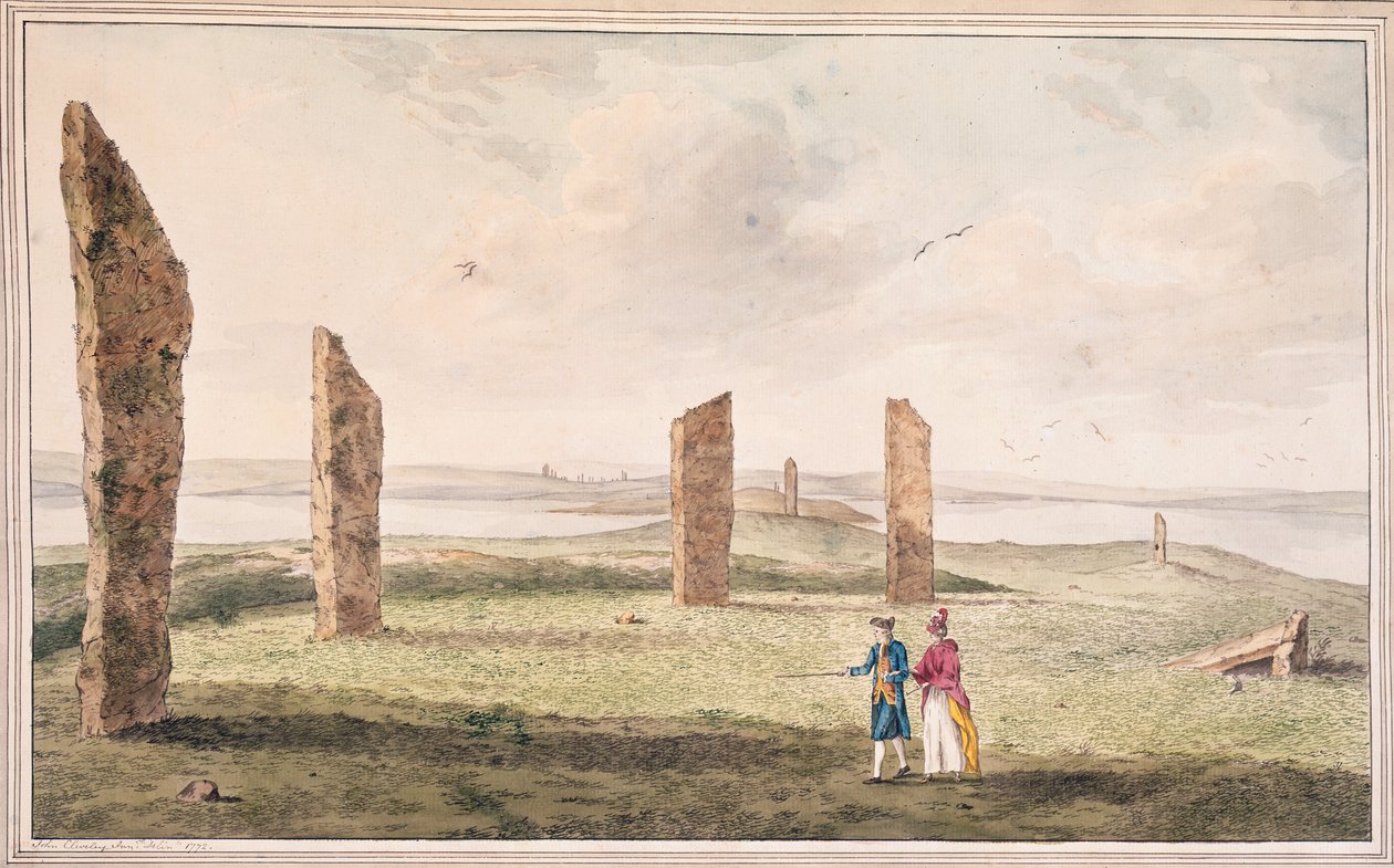 Widok na półkole kamieni nad brzegiem jeziora Stenhouse na wyspie Pomona autorstwa John the Younger Cleveley