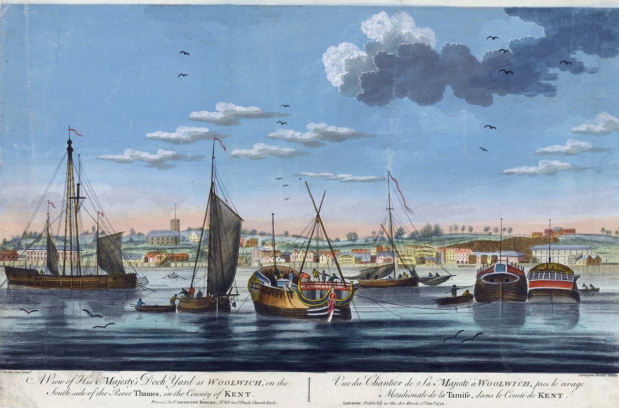 Widok doków królewskich w Woolwich, na lewym brzegu Tamizy (Anglia), w hrabstwie Kent. Akwaforta w kolorach autorstwa Johna Clevely