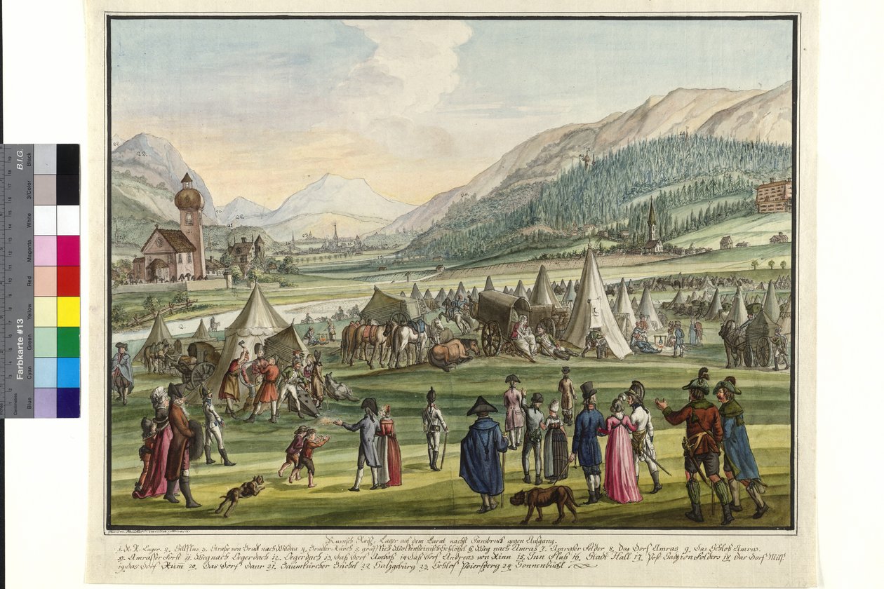 Rosyjski obóz cesarski nad rzeką Neurauth w Innsbrucku 1799 (akwarela) autorstwa Jokob Placidus Altmutter