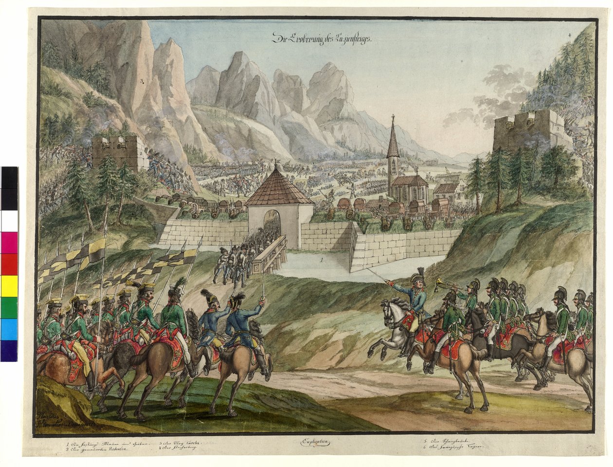 Zdobycie Luziensteig przez wojska austriackie 1799 (akwarela) autorstwa Jokob Placidus Altmutter