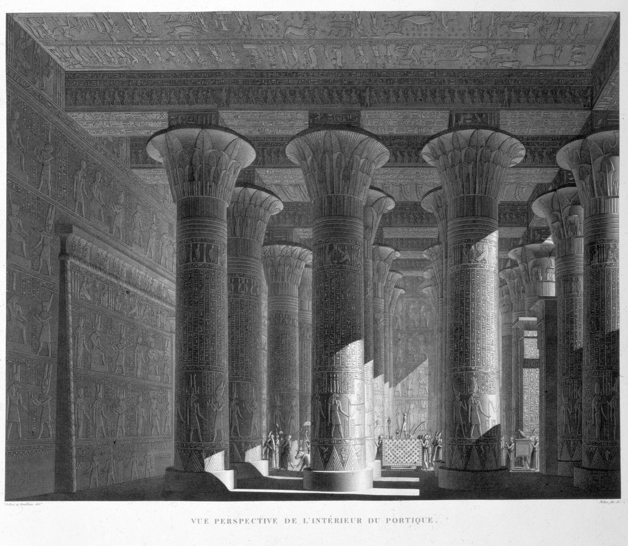 Widok perspektywiczny wnętrza portyku, płyta 83 Esne (Latopolis) z tomu I „Opisy Egiptu”, rytowana przez Selliera, 1822 (akwatinta) autorstwa Jollois and Devilliers