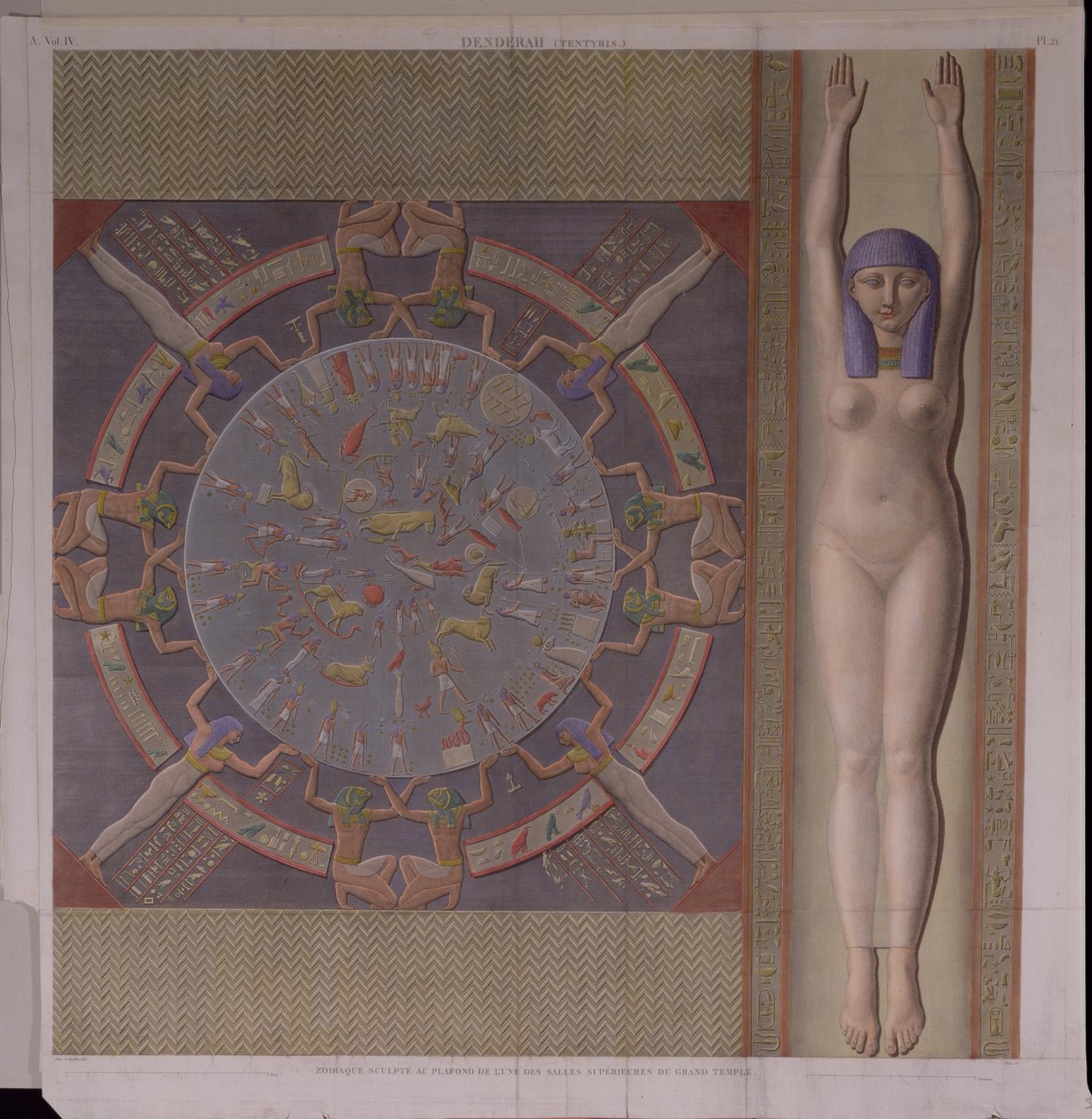 Sufit zodiakalny z Wielkiej Świątyni w Denderah, z "Opisów Egiptu", wyryty przez Allais, ok. 1826 (rycina ręcznie kolorowana) autorstwa Jollois and Devilliers