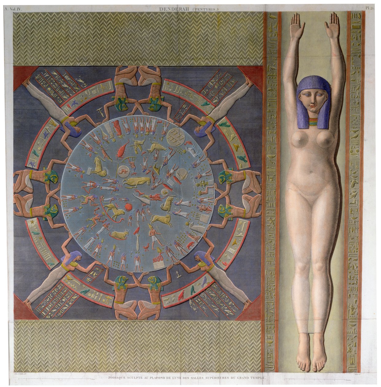 Sufit zodiaku z wielkiej Świątyni w Denderah, Egipt, ok. 1826 r. autorstwa Jollois and Devilliers