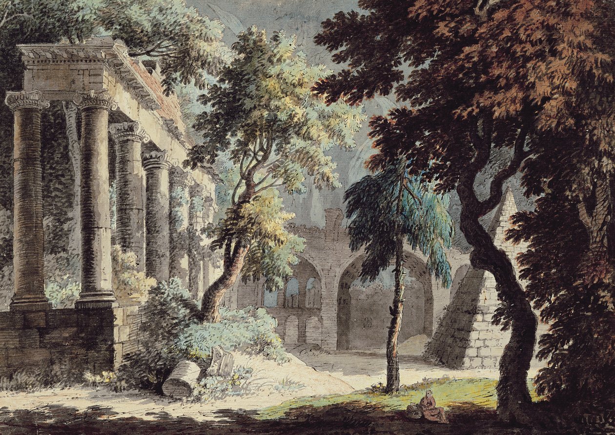 Świątynia Saturna (Ruiny Rzymskie) (pióro i atrament, akwarela i pranie na papierze) autorstwa Jonathan Skelton